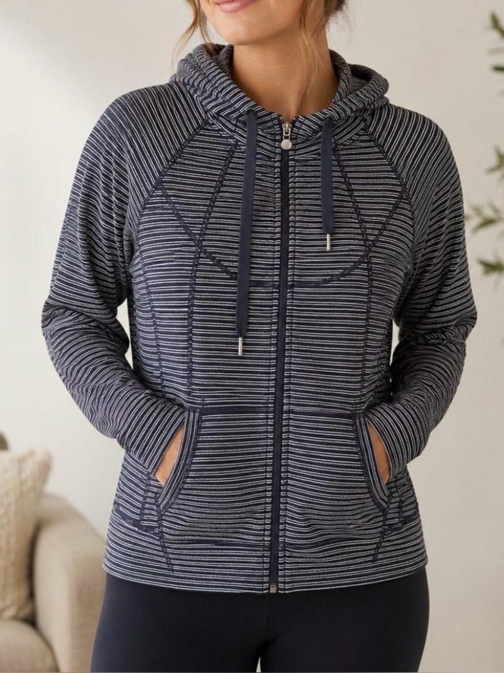Athleta Navy and White Striped Full Zip-Up Jacket with Hood Size Large